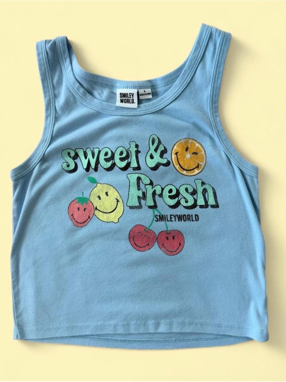 Smiley World Sweet & Fresh Fruit Graphic Crop Tank Top Blue Large